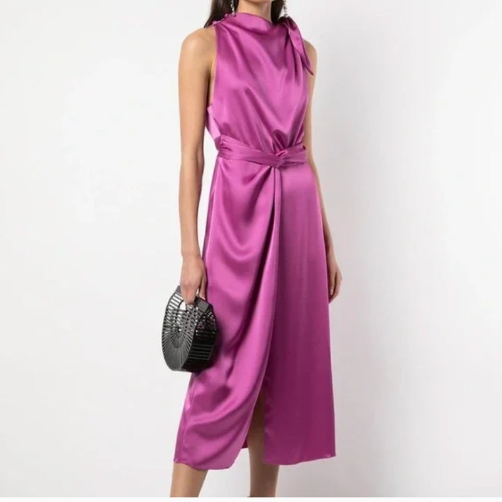 Nanushka Sleeveless Satin Midi Dress in Fuchsia